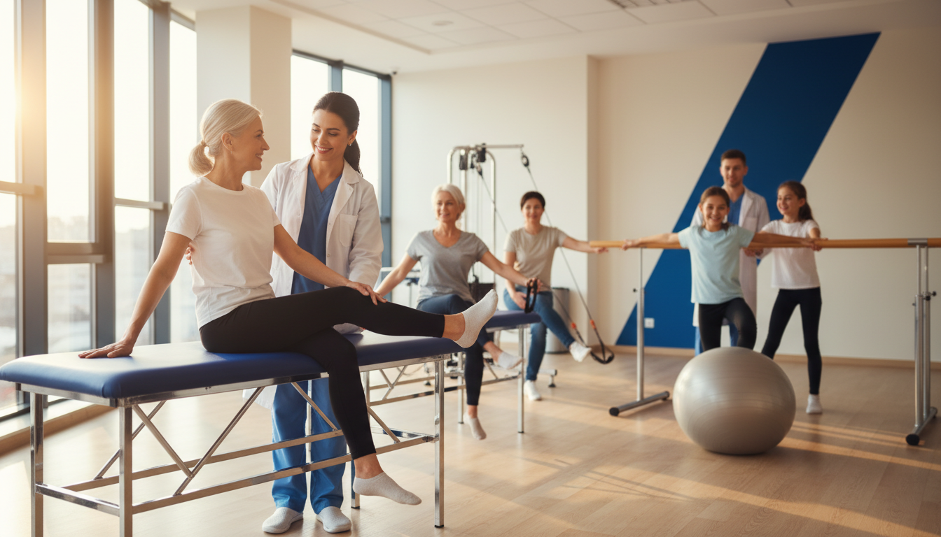 Modern rehabilitation clinic with happy patients
